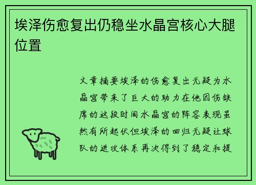 埃泽伤愈复出仍稳坐水晶宫核心大腿位置
